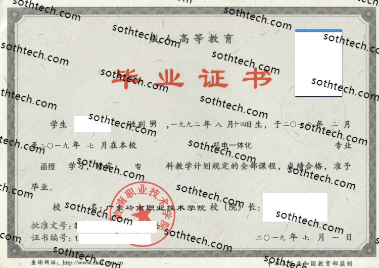 2019广东岭南职业技术学院毕业证样本