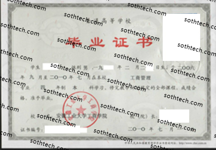 2010安徽工业大学工商学院毕业证样本
