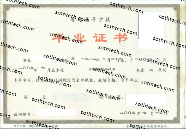 2005万博科技职业学院毕业证样本