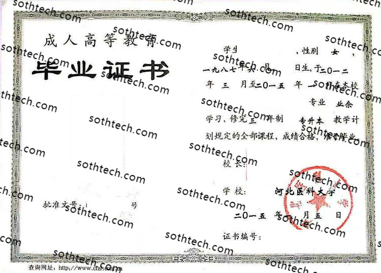 2015成人河北医科大学毕业证样本