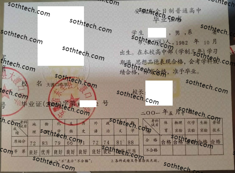 2001安徽省东至县大渡口中学毕业证样本