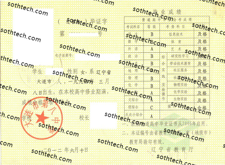 2012大连市第八中学毕业证样本