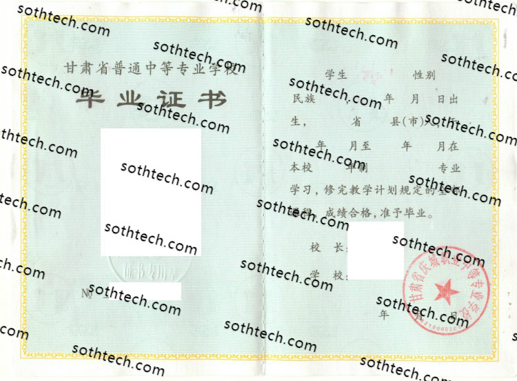 甘肃省庆城职业中等专业学校毕业证样本