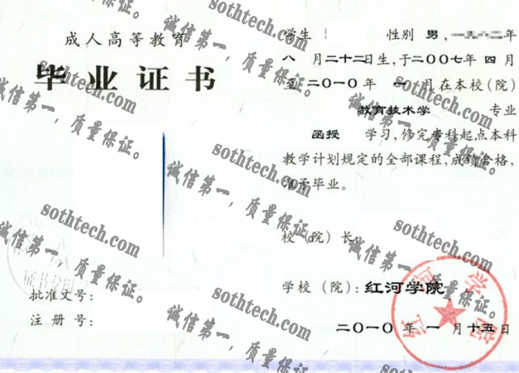 红河学院毕业证样本