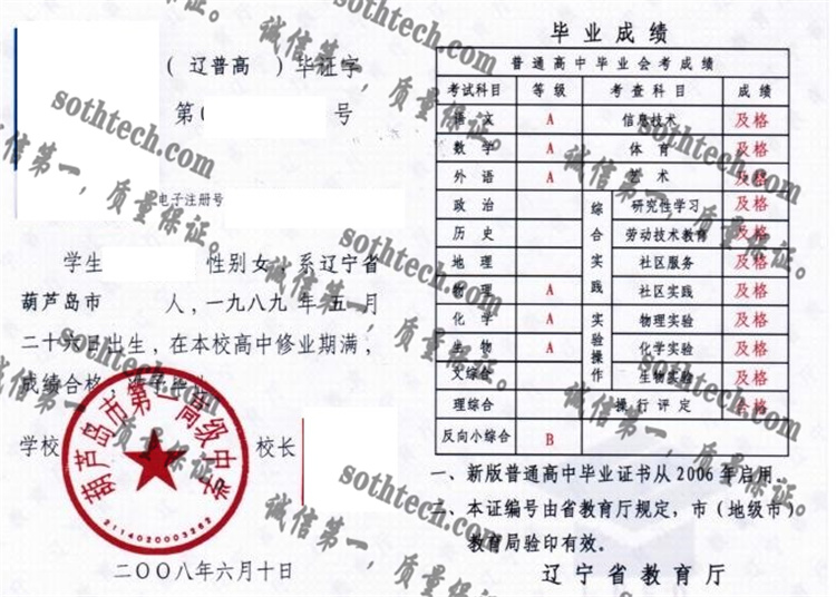 葫芦岛市第一高级中学毕业证样本